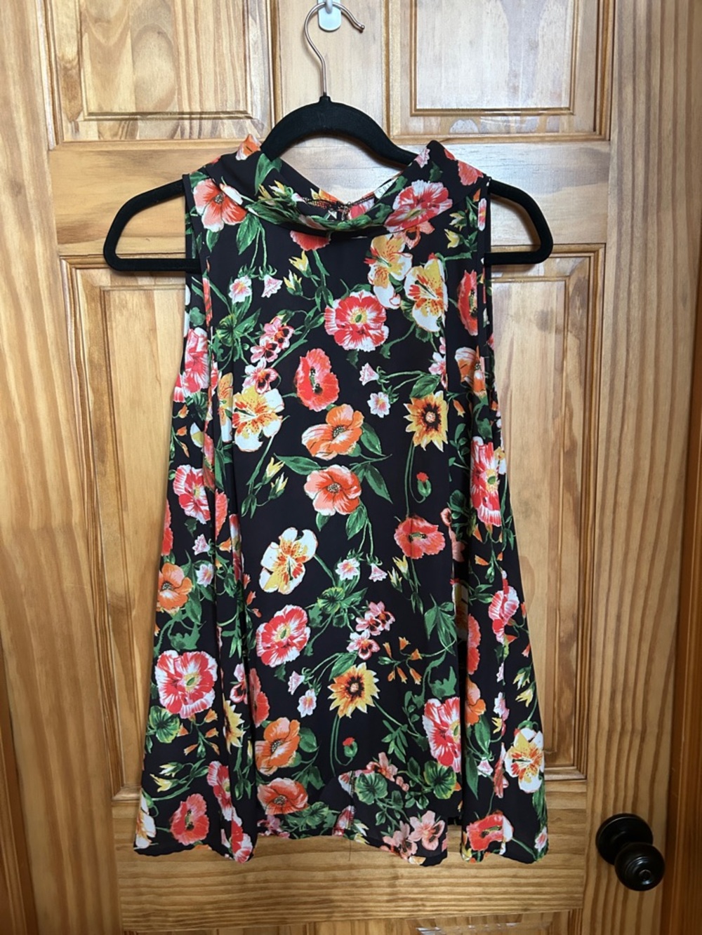 Spense Black Floral Mock Neck Shell with Multicolor Blooms